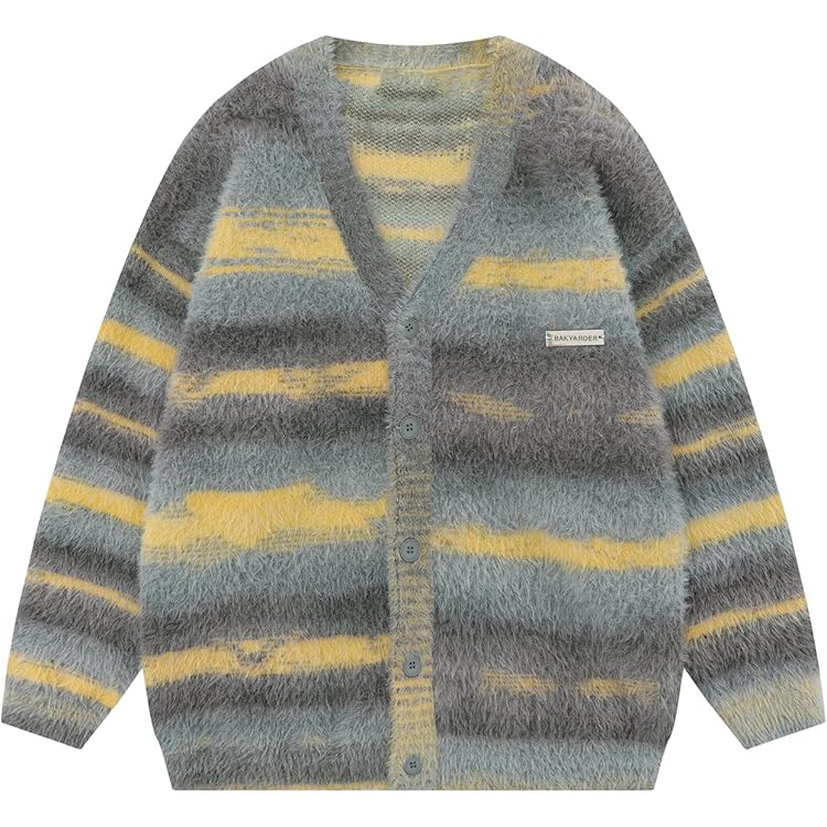 Y2K Cardigan Sweater Vintage Striped Fuzzy Sweaters for